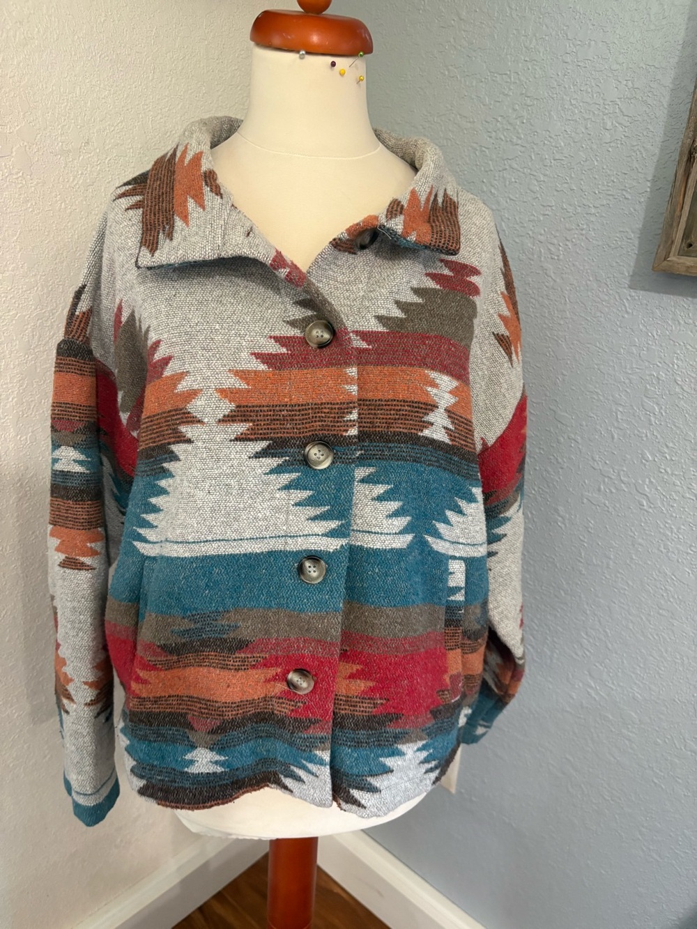 Blue B Aztec Southwestern Blanket Shacket Jacket Sz S Cozy Boho Festival